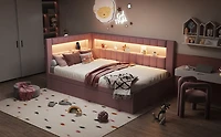 Noble House Upholstered Twin Size Platform Bed with USB Ports and LED Belt, With Trundle, Pink