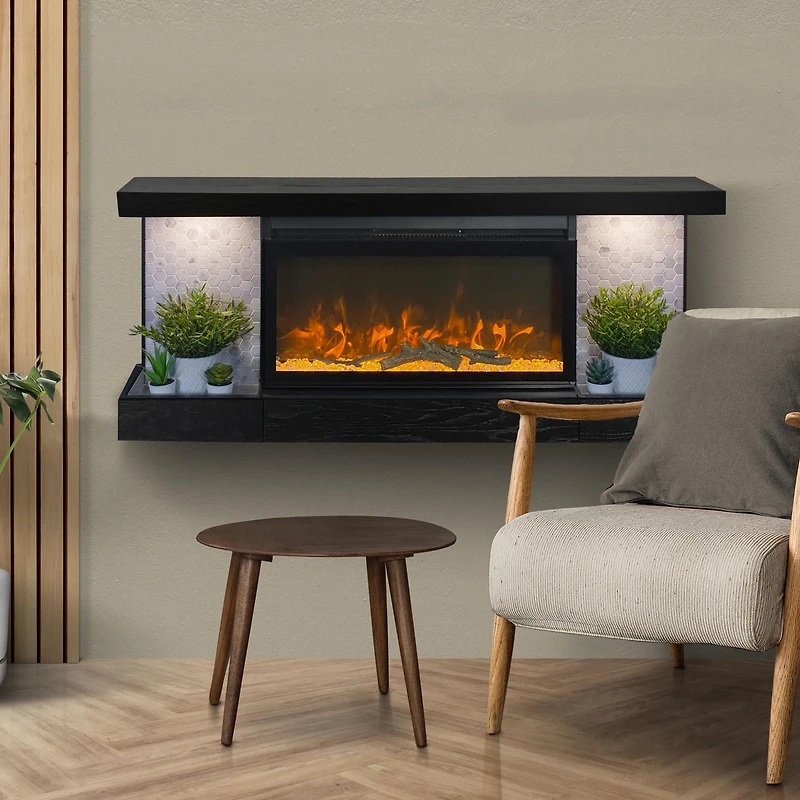 Foyer et manteau de cheminée flottant de la série Home Décor avec éclairage, tuiles hexagonales