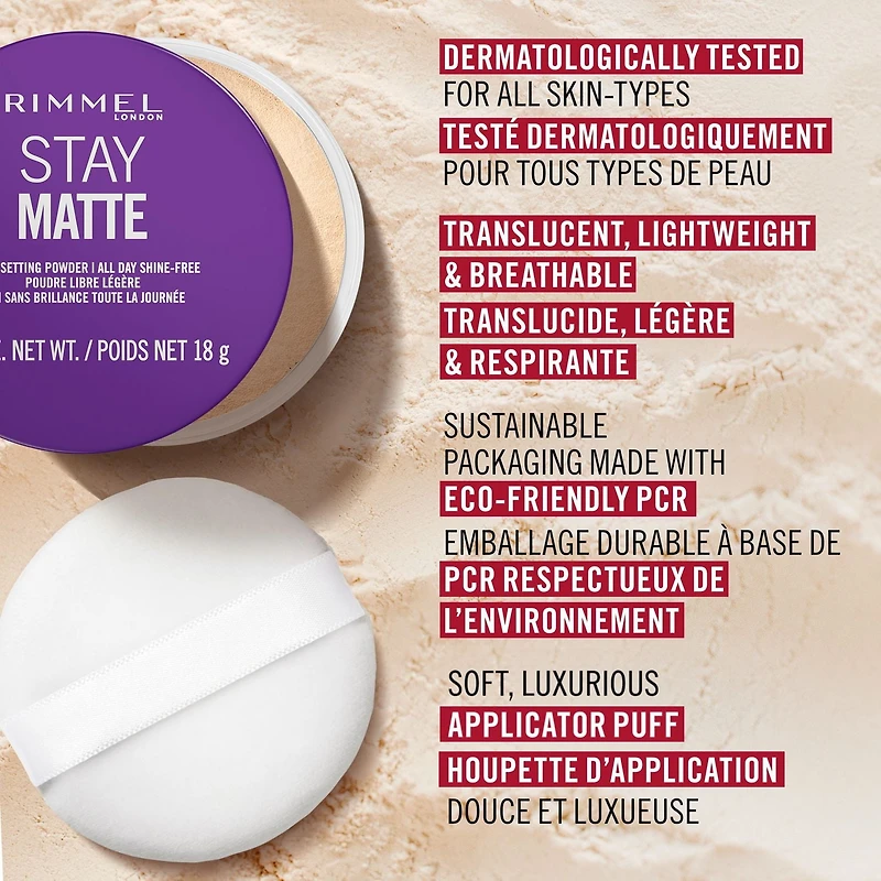 Rimmel Stay Matte Poudre Libre, légère, unifie le teint houppette d'application douce et luxueuse, sans talc, 100% Sans Cruauté Poudre libre sans talc