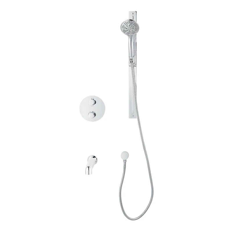 Round 3-functions thermostatic valve, handheld shower 10 settings, bath spout or simultaneously, chrome finish