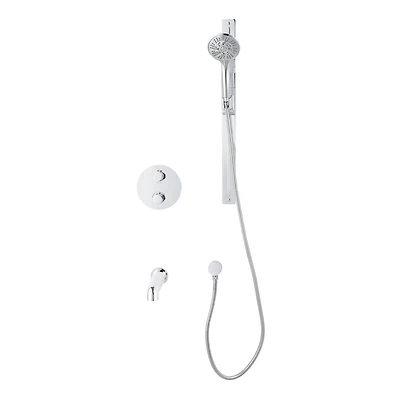 Round 3-functions thermostatic valve, handheld shower 10 settings, bath spout or simultaneously, chrome finish