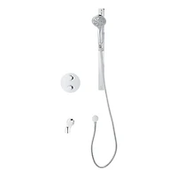Round 3-functions thermostatic valve, handheld shower 10 settings, bath spout or simultaneously, chrome finish