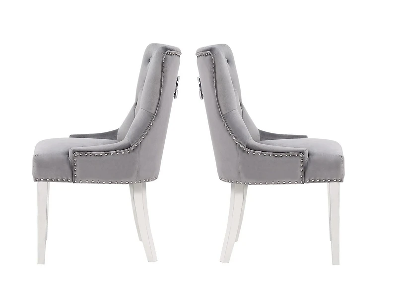 Eudora Chair in Grey, Nailhead trim Dining Chair, Velvet Upholstery Dining Chair, Dining Chair with Stainless Steel legs for Kitchen and Living Room- Set 2