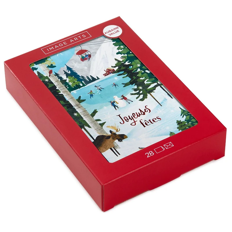 Image Arts French-Language Boxed Christmas Cards, Alpine Winter Fun (Pack of 28 Cards with Envelopes)