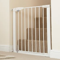 Munchkin Easy Close Barrière de bébé montée par pression pour escaliers, couloirs et portes, passage avec porte, 29" de haut et 29,5" à 35" de large, comprend (1) rallonge de 2,75", métal, blanc Porte bébé