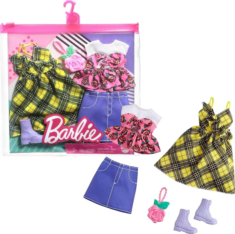 Barbie Fashions 2-Pack Clothing Set, 2 Outfits for Barbie Doll Include Yellow Plaid Dress, Floral Top, Denim Skirt & 2 Accessories