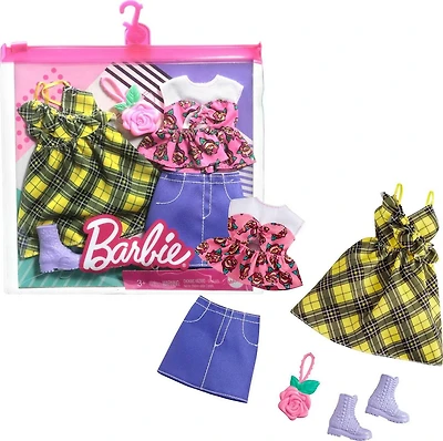 Barbie Fashions 2-Pack Clothing Set, 2 Outfits for Barbie Doll Include Yellow Plaid Dress, Floral Top, Denim Skirt & 2 Accessories