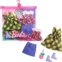 Barbie Fashions 2-Pack Clothing Set, 2 Outfits for Barbie Doll Include Yellow Plaid Dress, Floral Top, Denim Skirt & 2 Accessories