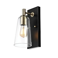 Applique murale à 1 ampoule noir mat avec accents en laiton mat et abat-jour en verre transparent