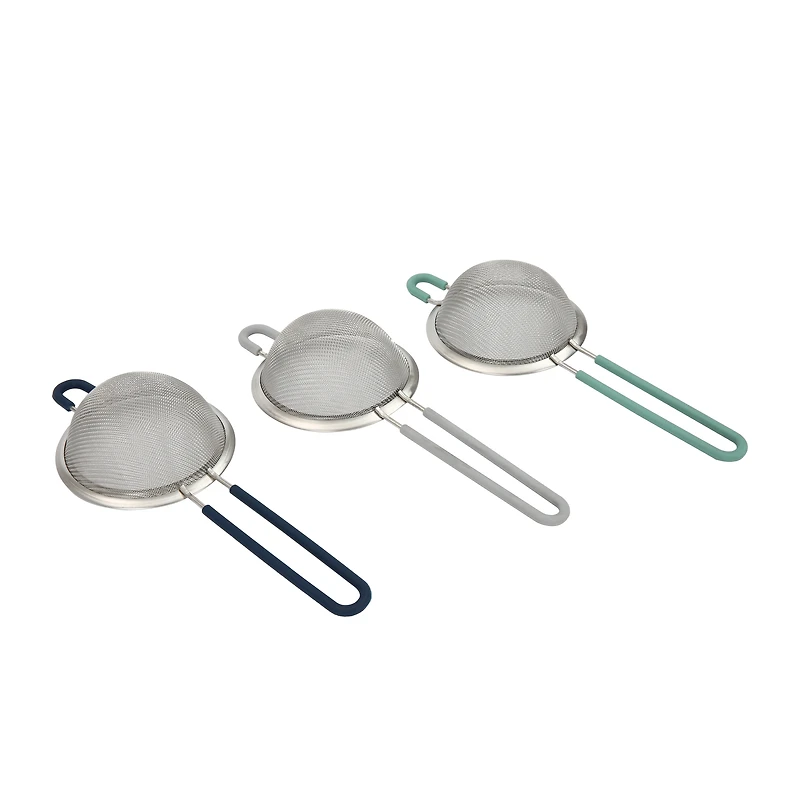 Mainstays Stainless Steel 3” Strainer with Silicone Coated Handle in Blue Grey or Teal