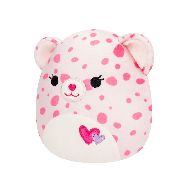 Squishmallows 5 po PELUCHE de la SAINT-VALENTIN - Lorie - GUÉPARD ROSE avec VENTRE BLANC et BRODERIE COEUR.