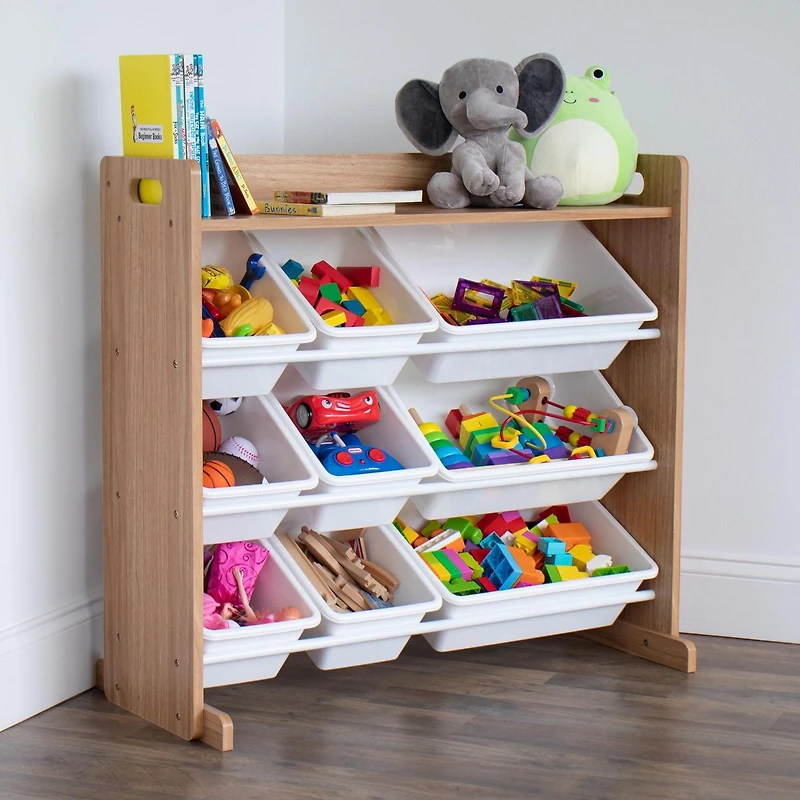 Humble Crew Journey Toy Storage Organizer with Shelf and 9 Storage Bins, Natural Wood/White