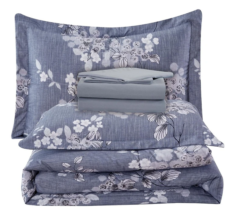 Marina Décoration Parure de lit luxueuse ultra douce en duvet d'oie moelleux avec housse de couette richement imprimée, comprenant un ensemble de draps, motif de fleurs romantiques à l'encre délavée