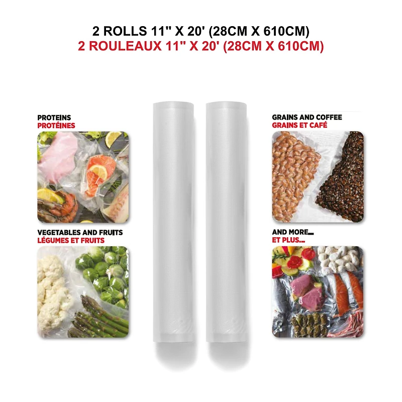 Starfrit Vacuum Sealer Rolls, 2 Rolls 11"x20" (28cm x 610cm), BPA Free, Airtight Seal for Food Preservation, Sous Vide Cooking, Compatible with Most Vacuum Sealers