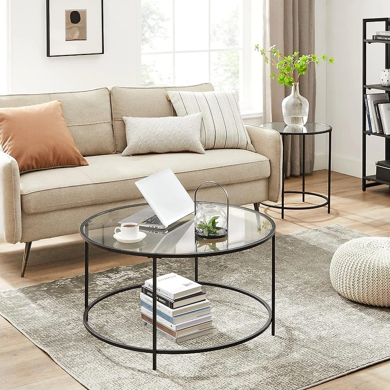 Table basse ronde Boutique Home avec structure en métal et plateau en verre trempé