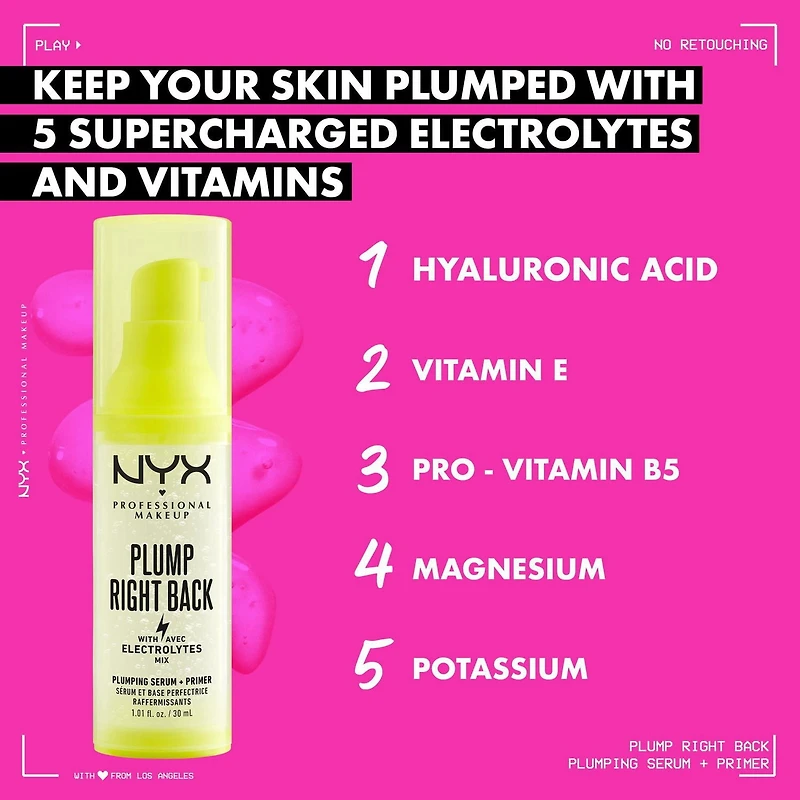 NYX Professional Makeup, Base + sérum Plump Right Back, Formule sérum hydratante et adhérante, Effet lisse immédiat, Fini repulpé, Formule végane - 01 Clear, 30mL