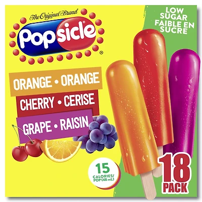 Pops glacés Popsicle Orange, Cerise et Raisin Faible en Sucre 18 x 48 mL