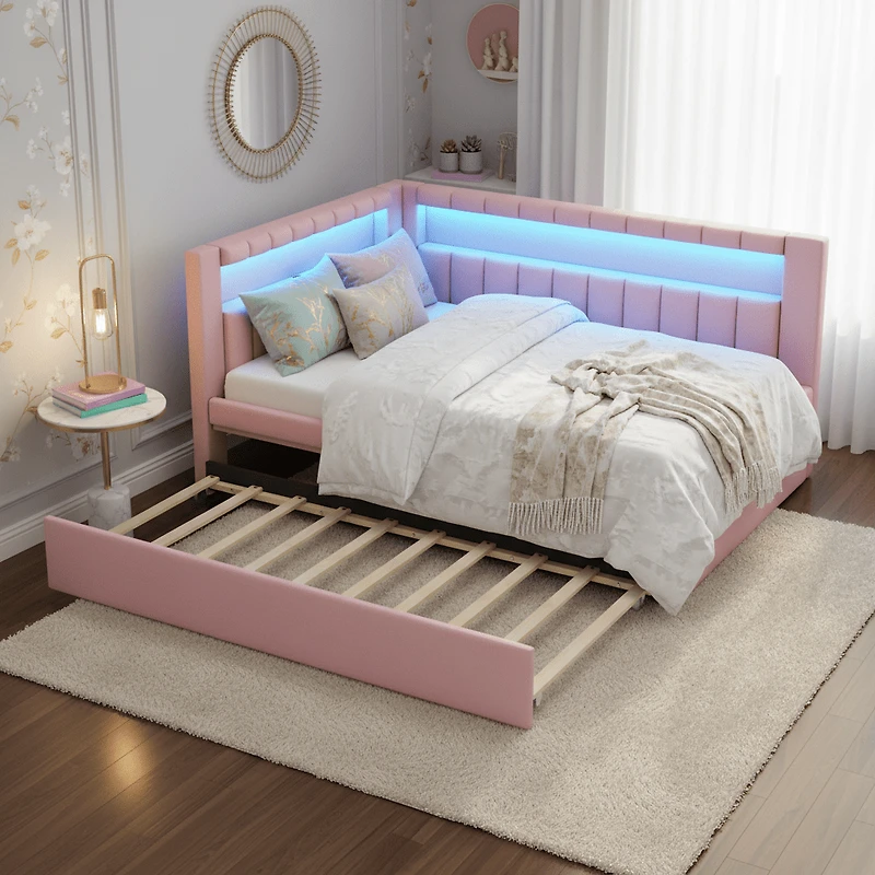 Homy Casa Upholstered Twin Platform Bed with LED Lights and USB Charging Station with Pull Out Trundle for Kids Teens, and Guest Room, Pink