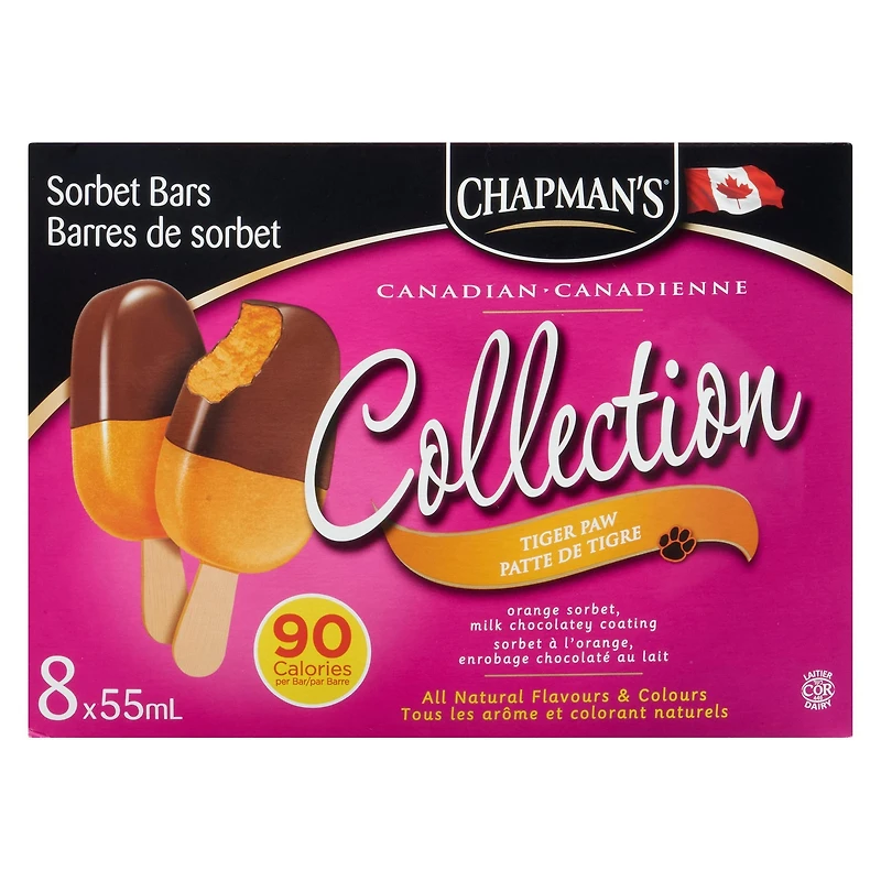 Chapman's Low Calorie Canadian Collection Tiger Paw Sorbet Bars in a Carton, 8 x 55mL
