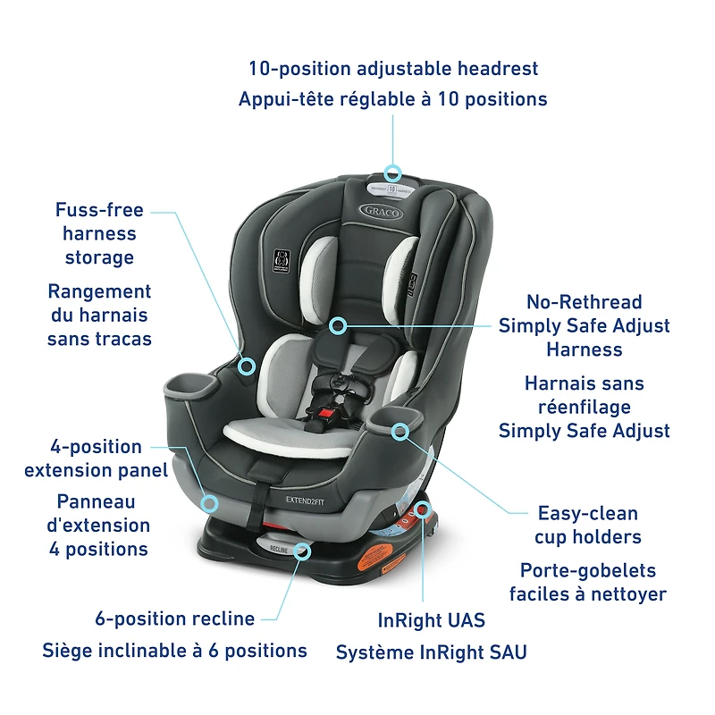 Siège d’auto convertible 2-en-1 Graco Extend2Fit, 1,8 à 30 kg (4 à 65 lb), harnais orienté vers l’avant et vers l’arrière