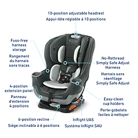 Siège d’auto convertible 2-en-1 Graco Extend2Fit, 1,8 à 30 kg (4 à 65 lb), harnais orienté vers l’avant et vers l’arrière