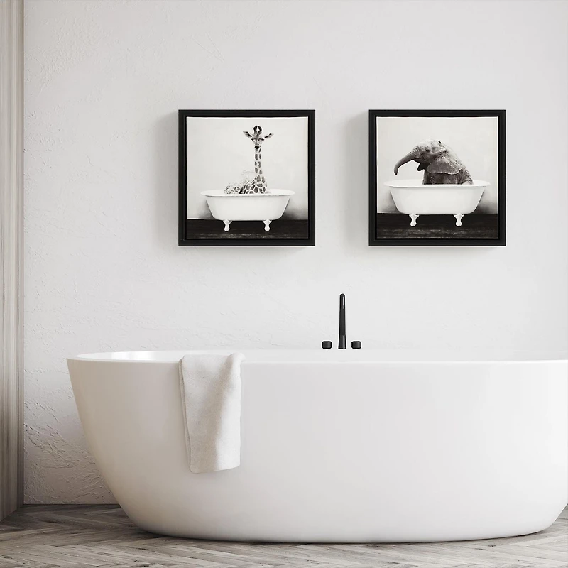 DesignOvations Baby Giraffe in the Tub Framed Canvas Wall Art, 14" x 14"
