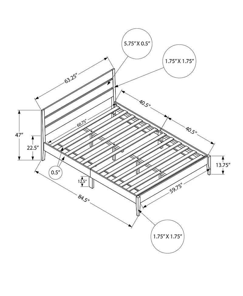 Monarch Specialties Bed, Queen Size, Frame Only, Platform Bed, Bedroom, Grey Wood Frame, Grey Solid Wood Legs, Contemporary