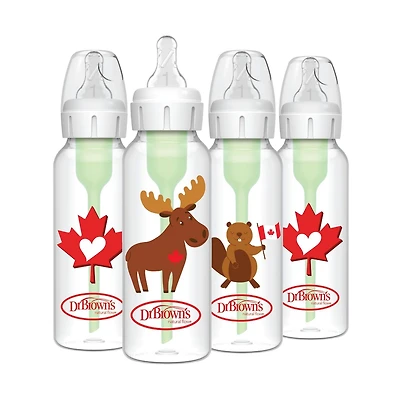 Dr. Brown's Anti-Colic Options+ Narrow Baby Bottle, 8oz / 250mL, Level 1 Slow Flow, Moose / Beaver, 0m+, 4 pack, 8 oz, 4 pack