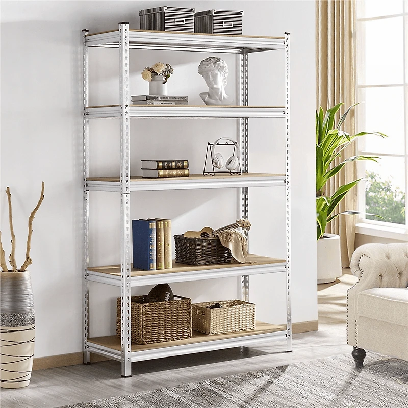 Fullfurnique 73.5″ Height 5 Tiers Adjustable Boltless Storage Shelf, Silver
