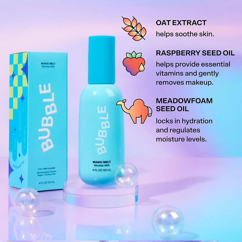 Bubble Skincare Magic Melt Lait Micellaire, 120ml, Nettoyant facial démaquillant Bubble Magiv Melt Lait Micellaire