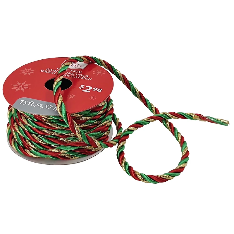 Holiday Time Christmas Red/Green/Gold Twisted Cord Gift Trim, 15 ft