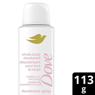 sans aluminium en vaporisateur sec rafraîchissant, Dove Déodorant corporel entier parfum framboise et rose, Protection anti-odeurs pendant 72 heures pour peau sensible