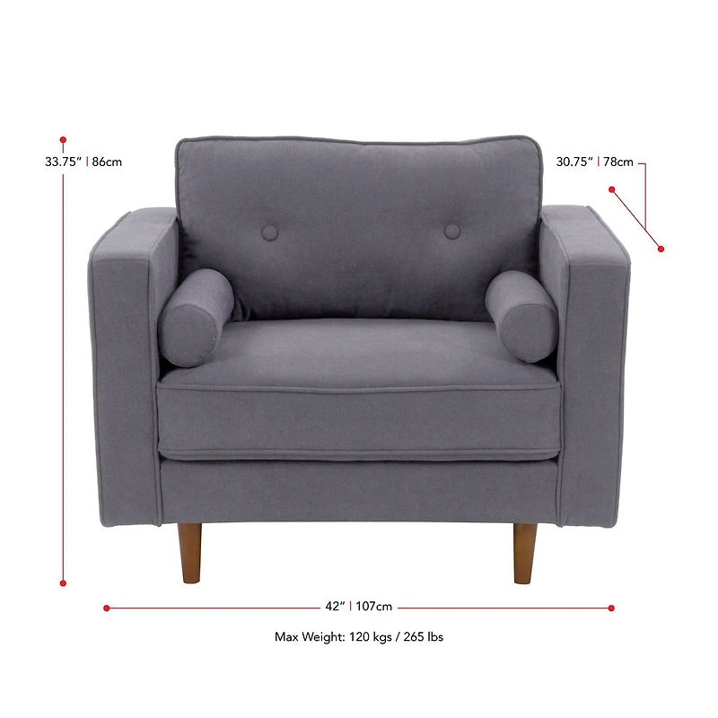 Fauteuil large et confortable CorLiving Mulberry Mid-Century pour le salon - Fauteuil d'appoint et de coin lecture, fauteuil idéal, fauteuil avec coussins de traversin inclus