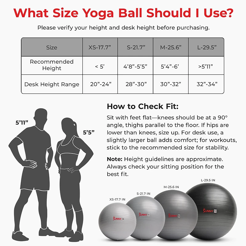 Balle de yoga premium Sunny Health & Fitness de 65 cm, anti-burst et extra épaisse. Idéale pour l’entraînement, la grossesse, la kinésithérapie et la stabilité sur chaise. Inclut une pompe