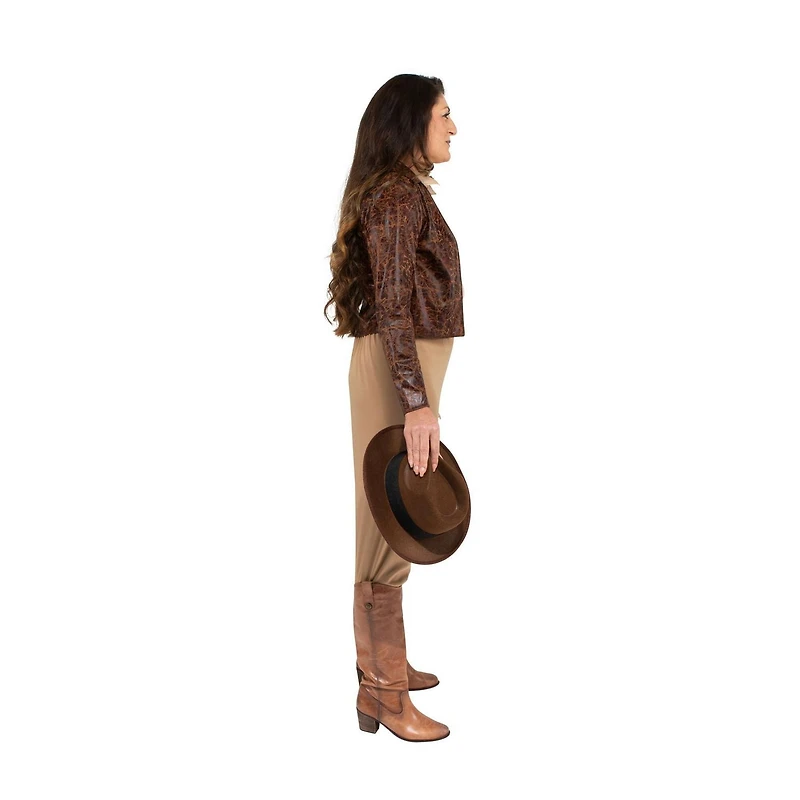 Déguisement INDIANA JONES adulte femme - chemise et veste avec logo, pantalon, ceinture à boucle et chapeau