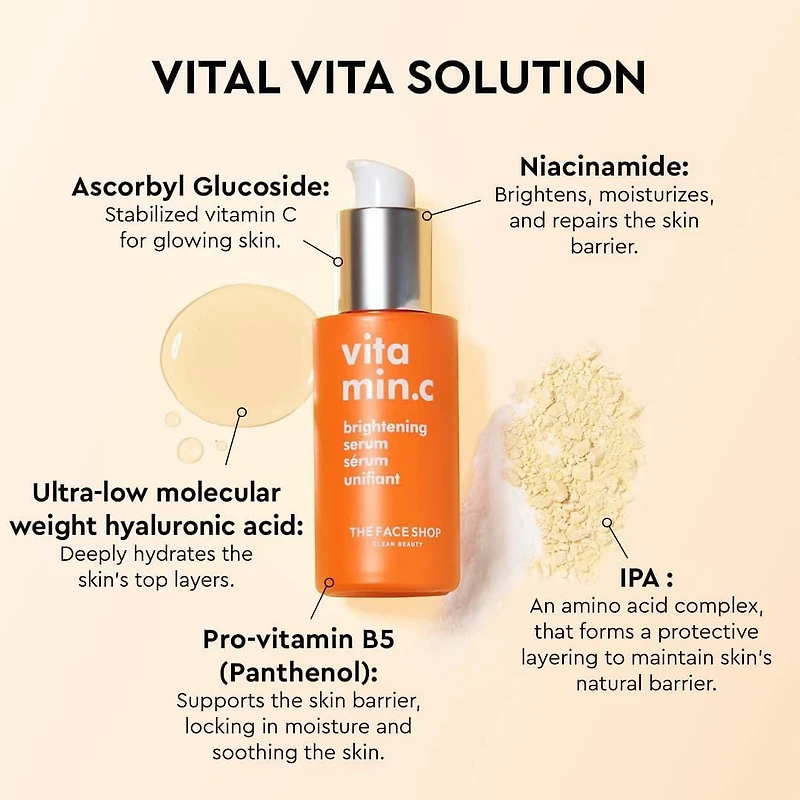 Sérum illuminateur Vitamin C The Face Shop avec acide hyaluronique et niacinamide, pour les taches foncées, la peau terne et le teint inégal – beauté coréenn