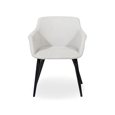 Chaise de salle à manger Bucket – Revêtement en tissu Dove élégant avec un design Bucket confortable et des pieds en métal noir, parfait pour les salles à manger ou les espaces d'accentuation