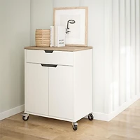 Systembuild Evolution Versa Chariot de rangement 2 portes/1 tiroir avec roulettes verrouillables, blanc et chêne patiné