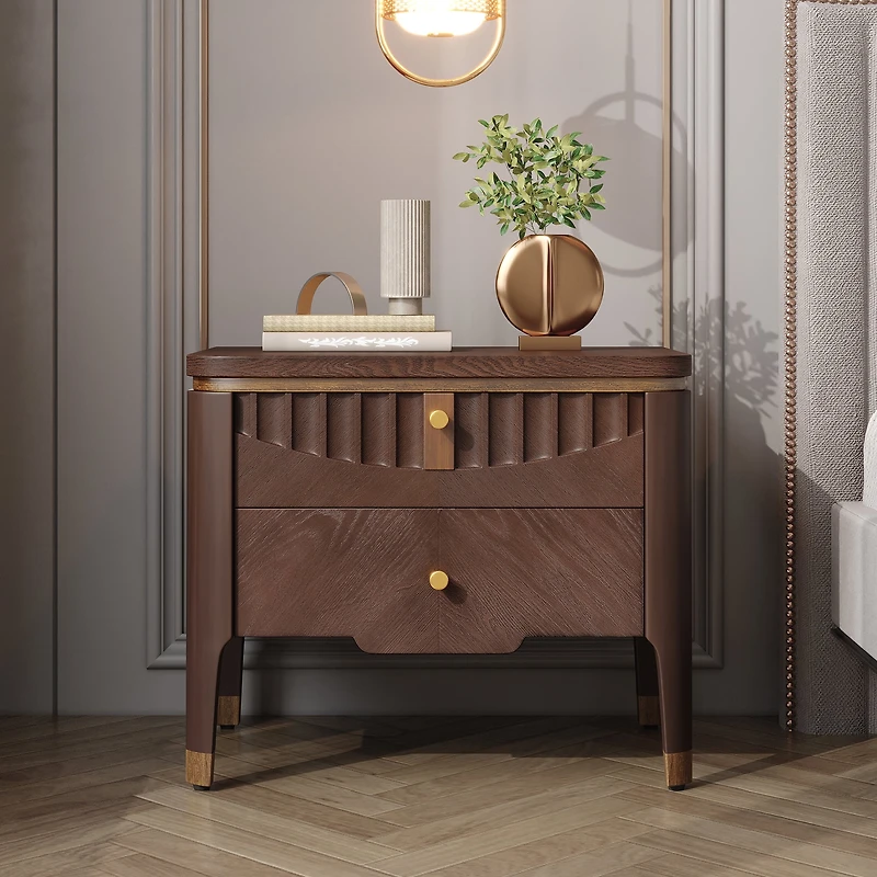 Noble House Table de Chevet Moderne avec 2 Tiroirs, Table de Chevet Design Vague avec Poignées en Métal, Brun Foncé