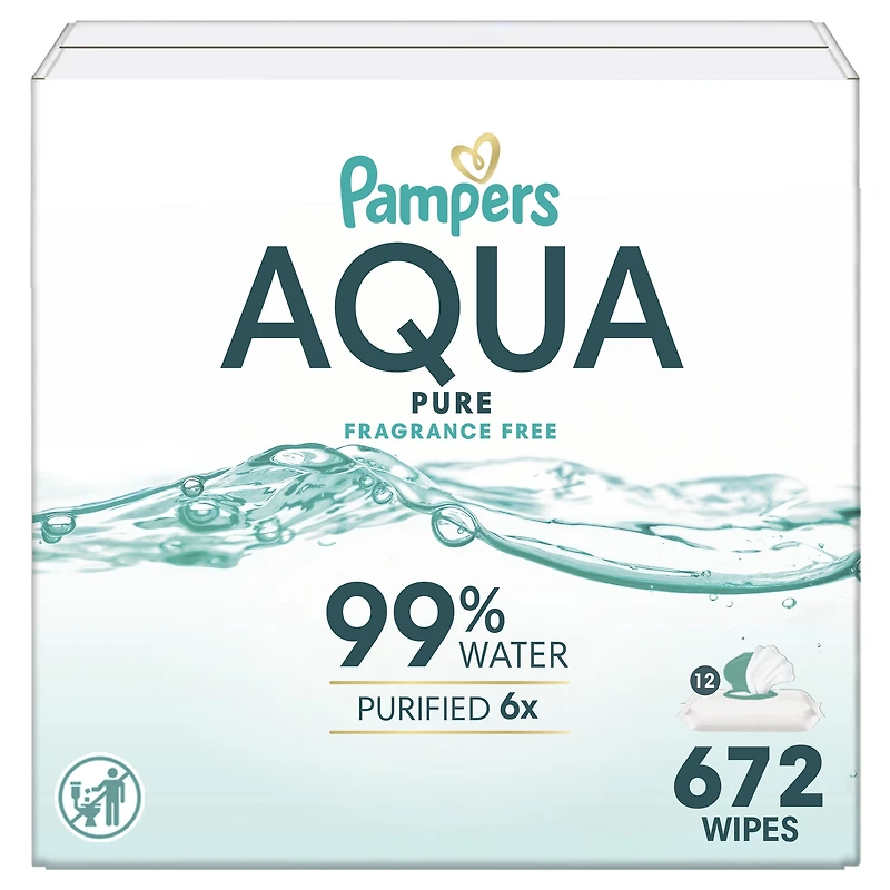 Lingettes pour bébés Pampers Aqua Pure Sensitive, 99 % d’eau, hypoallergéniques, non parfumées, 672 lingettes pour bébés au total (12X emballages rabattables)