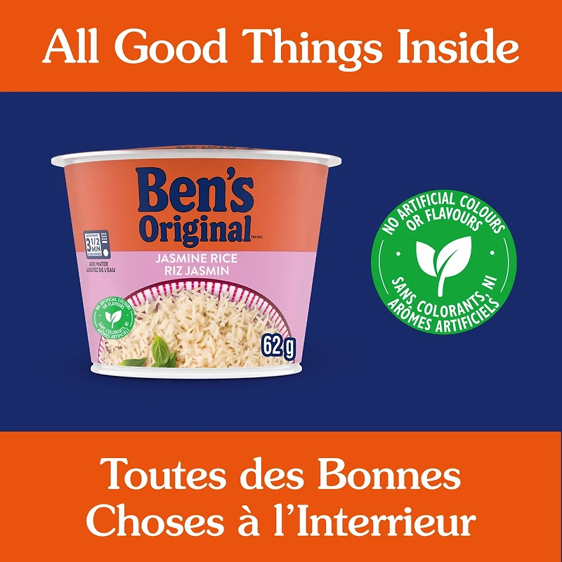 BEN'S ORIGINAL™ Jasmine Rice Single Serve Cup, Snack or Side, Microwave in 3.5 Minutes, 62g, BEN JASMINE SINGLE SERVE CUP 62g