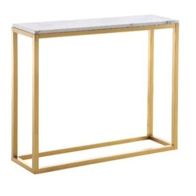 Boca Console with faux marble top and a stainless steel base in gold