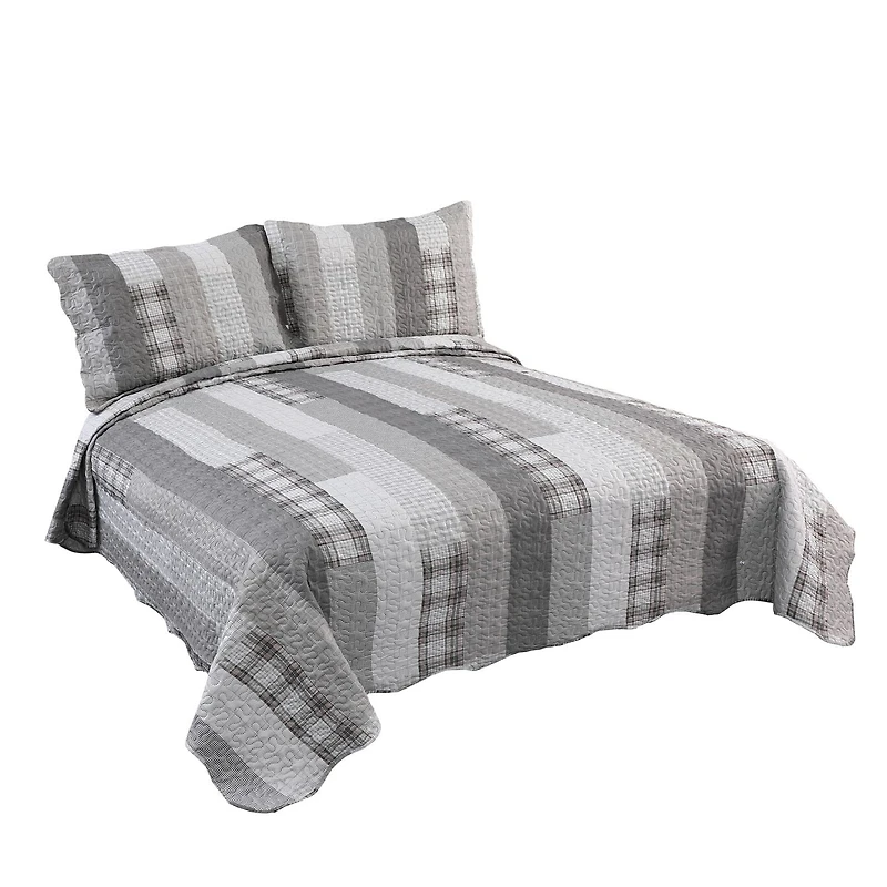 Marina Decoration Rich Printed Embossed Pinsonic Coverlet Bedspread Ultra Soft Bedding Summer Quilt Set with Shams, Modern Grey Striped Pattern