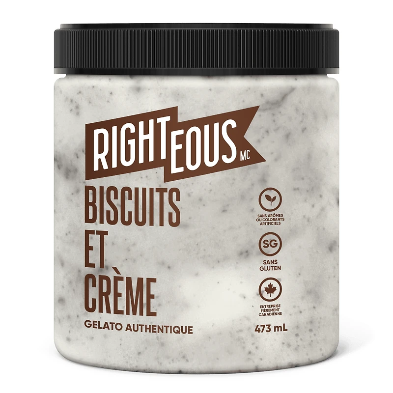 RT COOKIES & CREAM - FRENCH RIGHTEOUS GELATO BISCUITS ET CRÉME-Glace italienne à la vanille parsemée de gaufrettes au chocolat sans gluten.