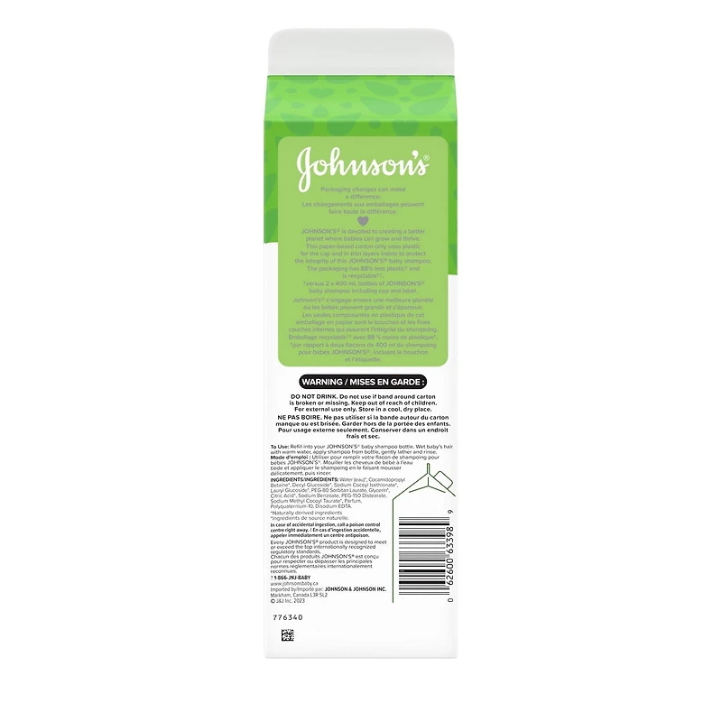 Johnson's Baby Shampoo Carton Refill, Glycerin, Baby Shampoo, Gentle, For Delicate Hair & Scalp, Hypoallergenic, Paraben Free, 1 L