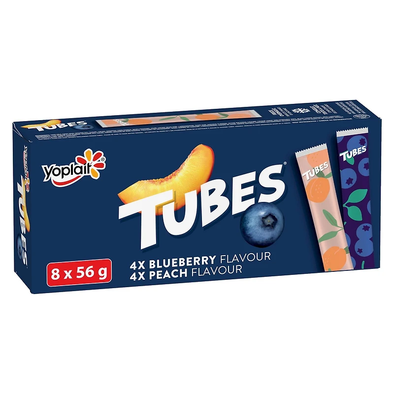 Yogourt en tube Yoplait 1 %, pêche et bleuet, collations au yogourt pour enfants, 56 g, 8 unités