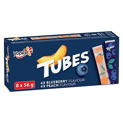Yogourt en tube Yoplait 1 %, pêche et bleuet, collations au yogourt pour enfants, 56 g, 8 unités