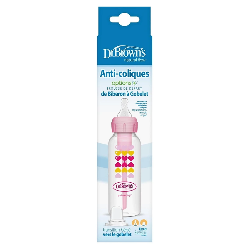 Dr. Brown’s Natural Flow Anti-Colic Options+ Narrow Sippy Bottle Starter Kit, 8oz/250mL, with Level 3 Medium-Fast Flow Nipple and 100% Silicone Soft Sippy Spout, 6m+, Pink