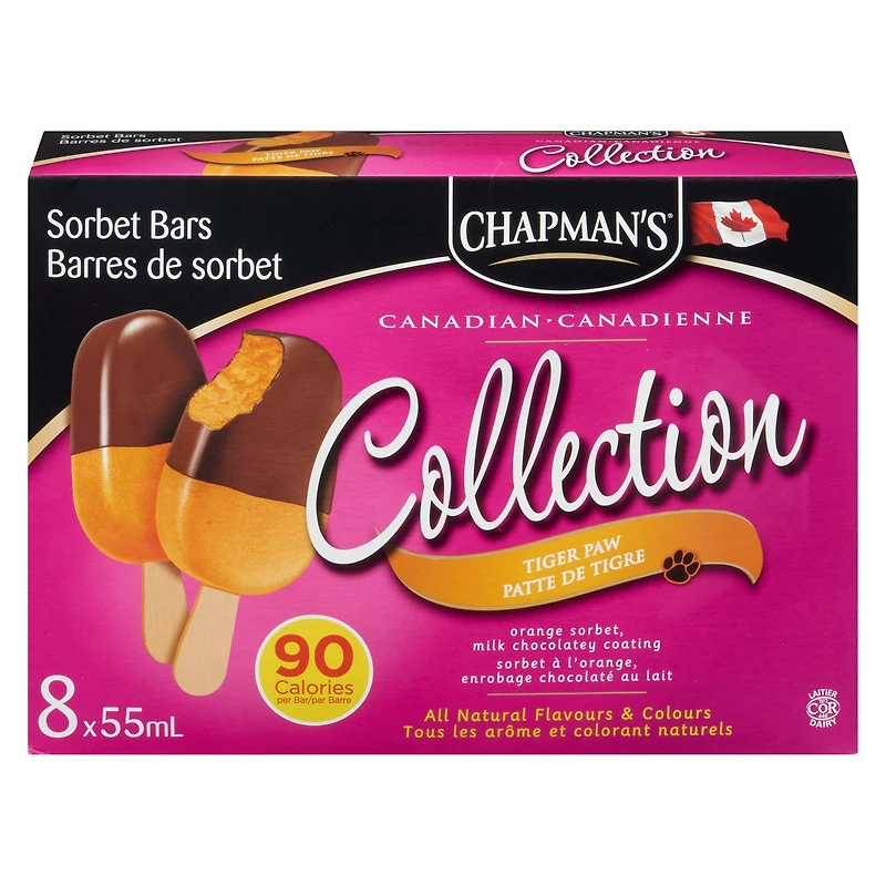 Chapman's Low Calorie Canadian Collection Tiger Paw Sorbet Bars in a Carton, 8 x 55mL