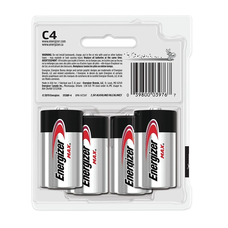 Energizer MAX Alkaline C Batteries, 4 Pack, Pack of 4 batteries